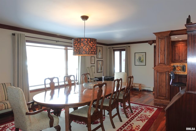 dining space with a baseboard radiator, ornamental molding, and dark hardwood / wood-style floors