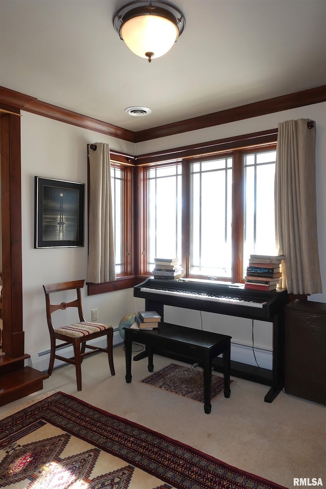 miscellaneous room with baseboard heating, light colored carpet, and ornamental molding