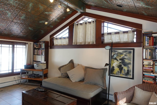 tiled living room with vaulted ceiling with beams and a baseboard heating unit