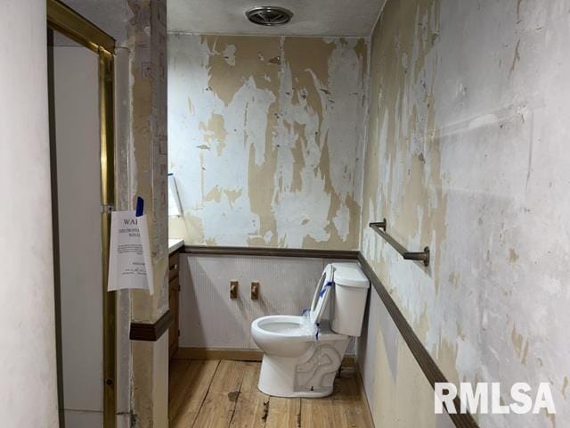 bathroom with wood-type flooring, toilet, and vanity