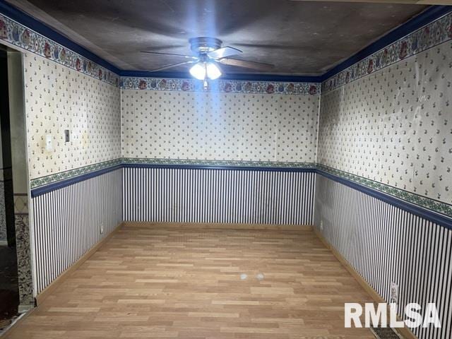 basement with light hardwood / wood-style flooring and ceiling fan