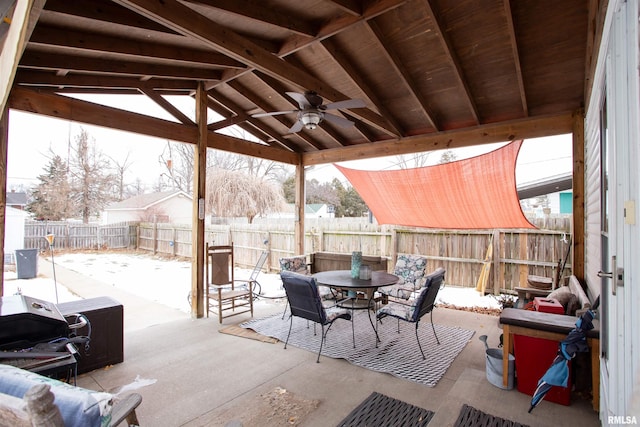 view of patio / terrace with ceiling fan and a gazebo