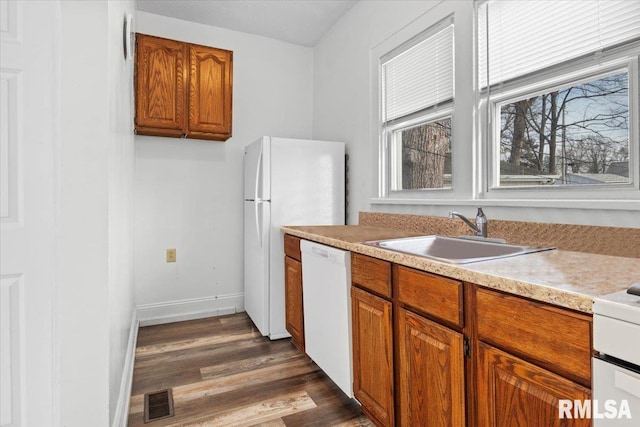 kitchen featuring sink, white appliances, and dark hardwood / wood-style flooring