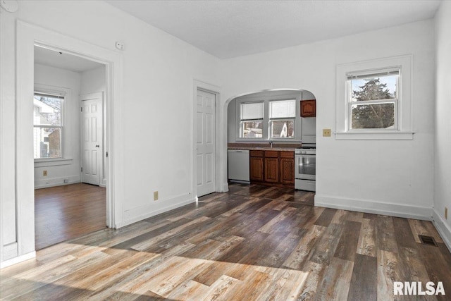 interior space with sink, a healthy amount of sunlight, and dark wood-type flooring