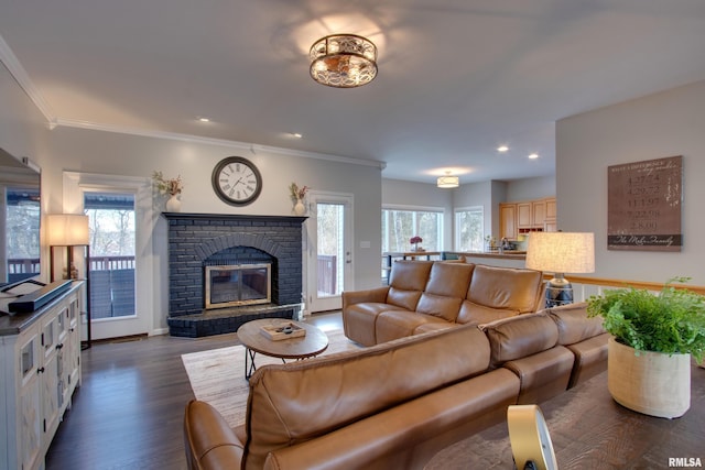 living room with a brick fireplace, ornamental molding, and dark hardwood / wood-style flooring