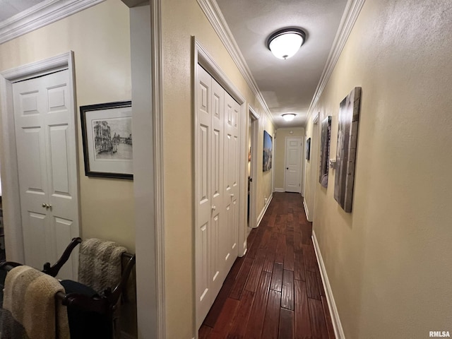 hallway featuring crown molding and dark hardwood / wood-style flooring