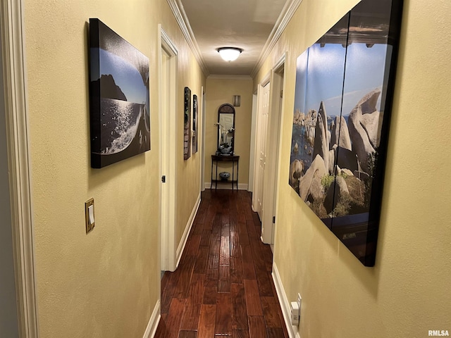 corridor with dark hardwood / wood-style floors and ornamental molding