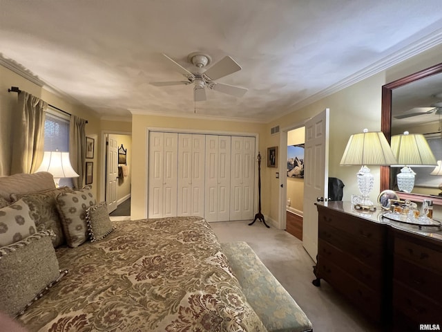 carpeted bedroom with ceiling fan, a closet, and crown molding