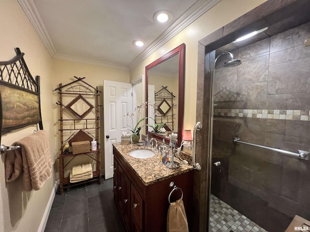 bathroom featuring a shower with shower door, vanity, and crown molding