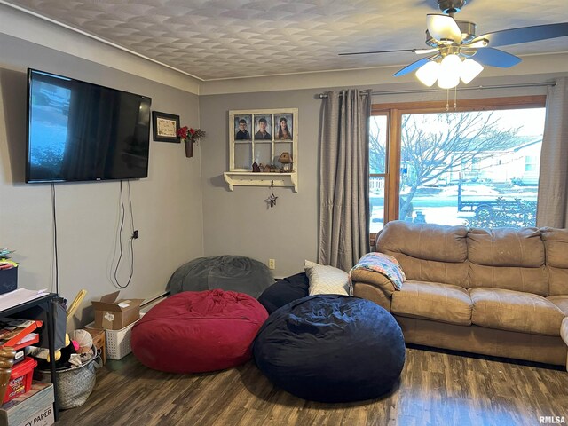 238 E Prairie St, Roodhouse, IL 62082 - living room with wood-type flooring, ceiling fan, and a textured ceiling