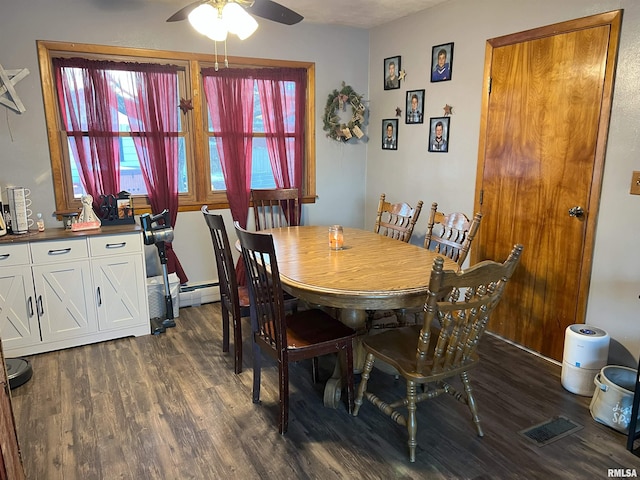 238 E Prairie St, Roodhouse, IL 62082 - dining room with a baseboard radiator, dark hardwood / wood-style floors, and ceiling fan