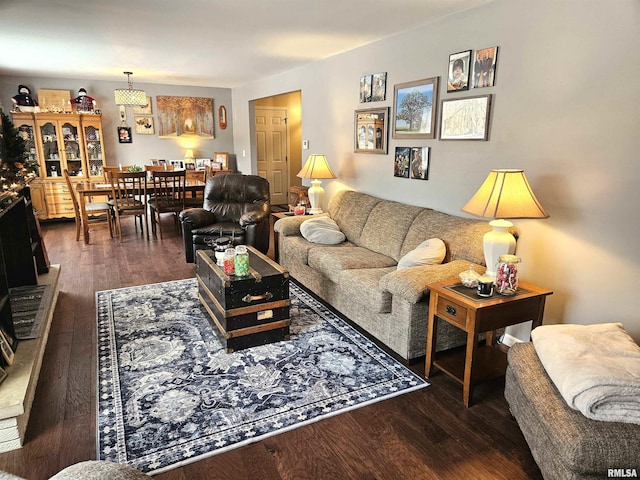 living room with dark hardwood / wood-style flooring