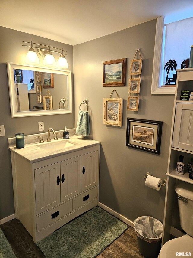 bathroom featuring vanity, toilet, and hardwood / wood-style floors