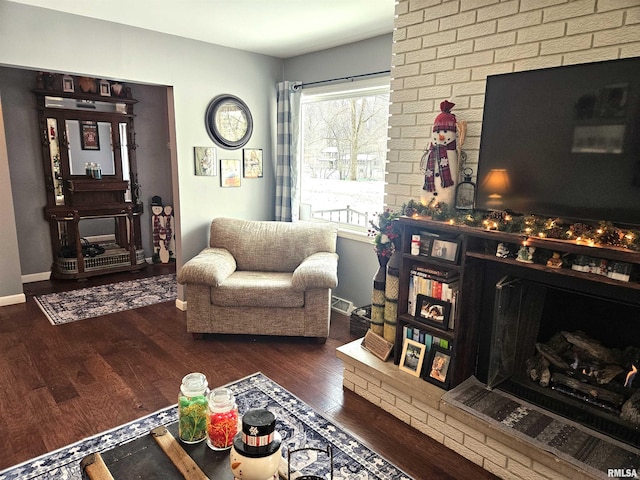 living room featuring a fireplace and dark hardwood / wood-style flooring