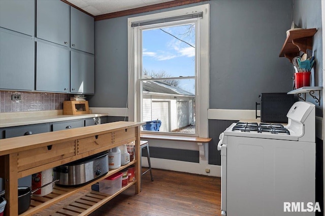 kitchen with a healthy amount of sunlight, ornamental molding, white range with gas cooktop, and decorative backsplash