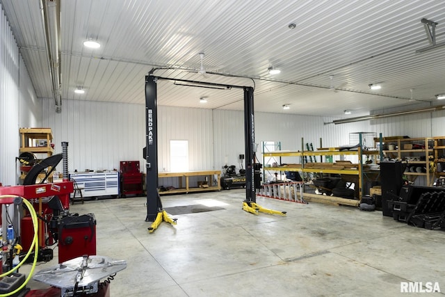 garage with a workshop area