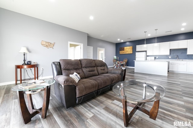 living room with dark hardwood / wood-style floors and sink