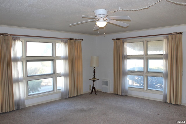 carpeted spare room with ceiling fan, plenty of natural light, ornamental molding, and a textured ceiling