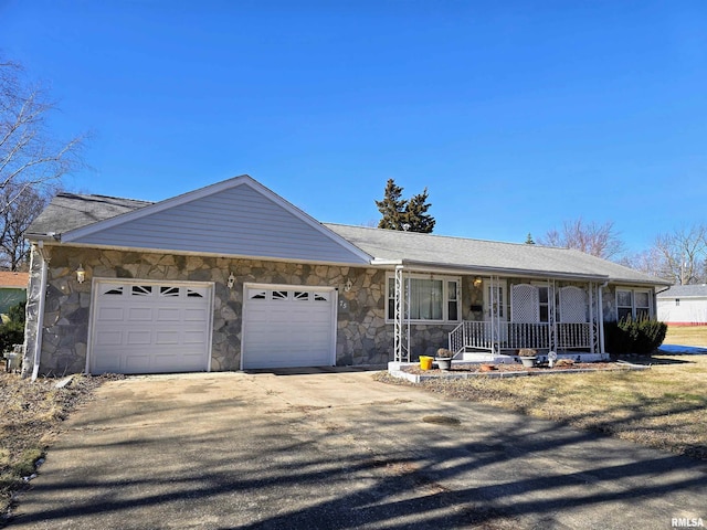 single story home with driveway, a shingled roof, stone siding, an attached garage, and a porch