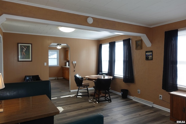 dining area featuring crown molding, dark hardwood / wood-style floors, and ceiling fan