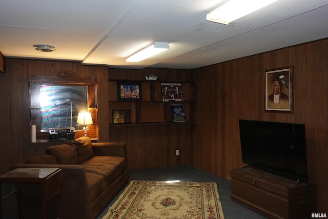 living room featuring wooden walls