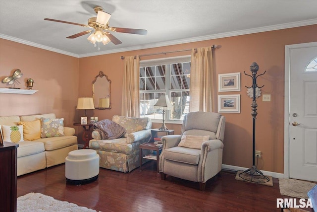 living room with ceiling fan, ornamental molding, and dark hardwood / wood-style floors