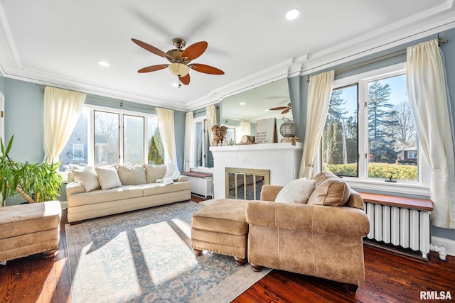 living room with crown molding, dark wood-type flooring, radiator, and a tiled fireplace