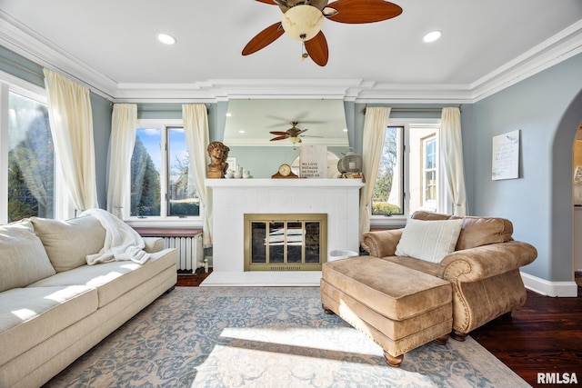 living room featuring radiator heating unit, ornamental molding, and dark hardwood / wood-style floors