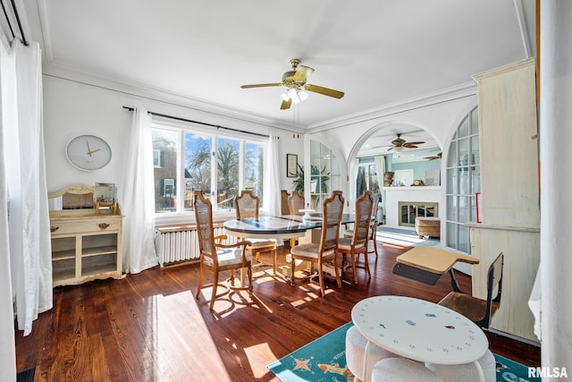 dining area with ornamental molding, dark wood-type flooring, radiator, and ceiling fan