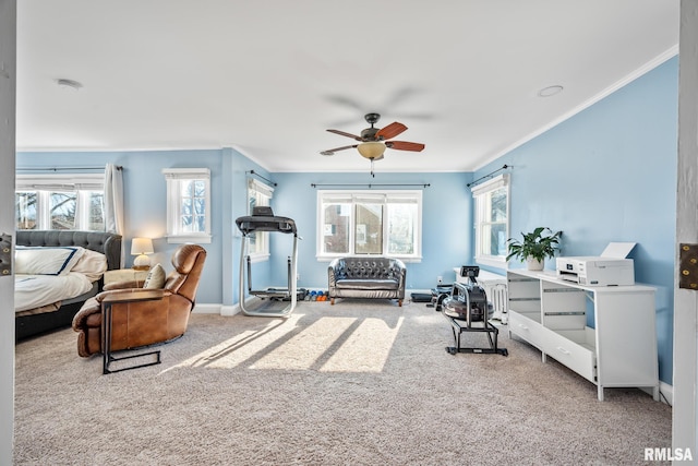 interior space with ornamental molding, carpet, and ceiling fan