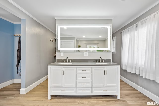 bathroom featuring crown molding, vanity, and a wealth of natural light