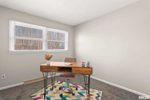 carpeted office space with a wealth of natural light and a baseboard radiator