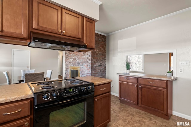 kitchen featuring black range with electric stovetop and ornamental molding