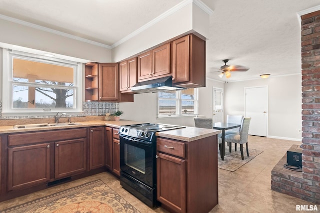 kitchen featuring sink, backsplash, crown molding, kitchen peninsula, and black range with electric stovetop