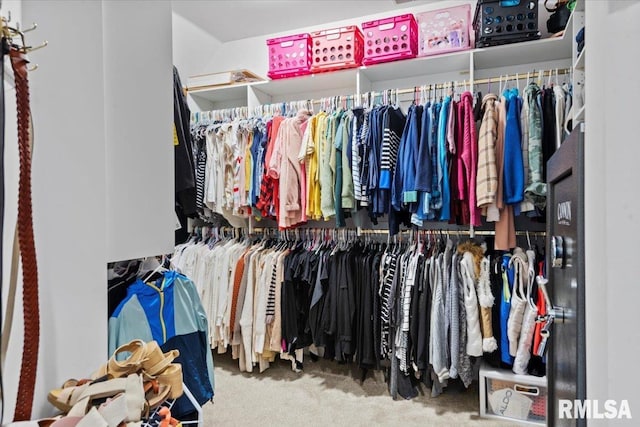 walk in closet with carpet floors