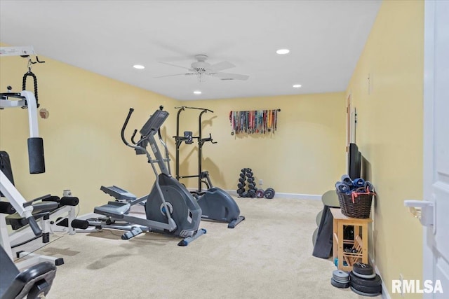 workout area with carpet floors and ceiling fan