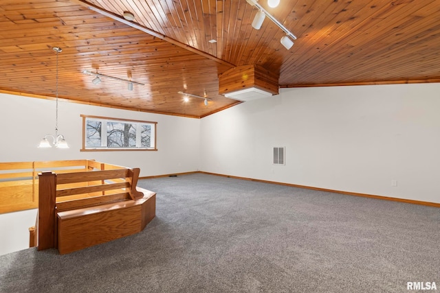34187 E 6th Rd, Pawnee, IL 62558 - bonus room with a chandelier, wood ceiling, carpet floors, baseboards, and visible vents