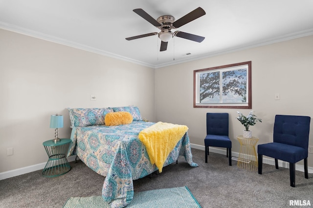 34187 E 6th Rd, Pawnee, IL 62558 - carpeted bedroom featuring visible vents, crown molding, baseboards, and a ceiling fan