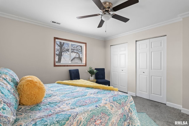 34187 E 6th Rd, Pawnee, IL 62558 - bedroom featuring baseboards, visible vents, multiple closets, carpet floors, and ornamental molding