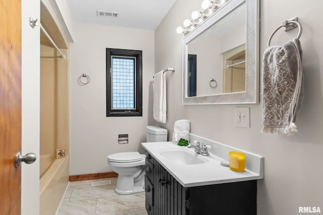 34187 E 6th Rd, Pawnee, IL 62558 - bathroom featuring marble finish floor, visible vents, toilet, vanity, and shower / bath combo
