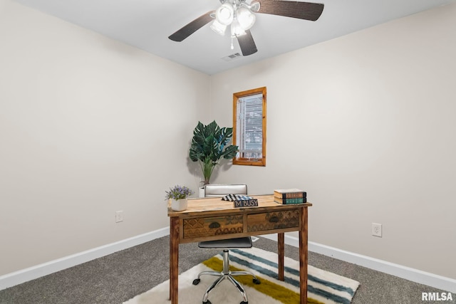 34187 E 6th Rd, Pawnee, IL 62558 - office featuring baseboards, a ceiling fan, carpet flooring, and visible vents