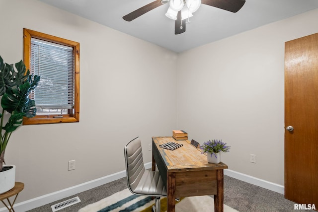34187 E 6th Rd, Pawnee, IL 62558 - carpeted home office with visible vents, a ceiling fan, and baseboards