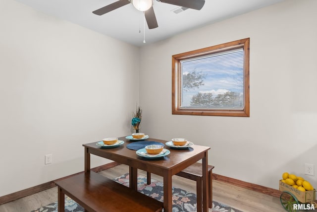 34187 E 6th Rd, Pawnee, IL 62558 - dining room featuring visible vents, baseboards, light wood-style floors, and ceiling fan
