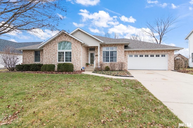 ranch-style home with a garage and a front lawn