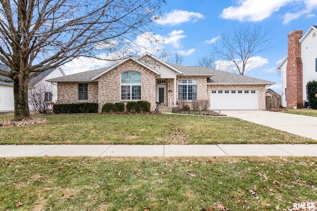 single story home with a garage and a front lawn