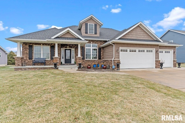 craftsman-style home with a garage, a front yard, and a porch