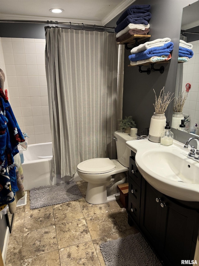 full bathroom featuring vanity, ornamental molding, shower / tub combo, and toilet