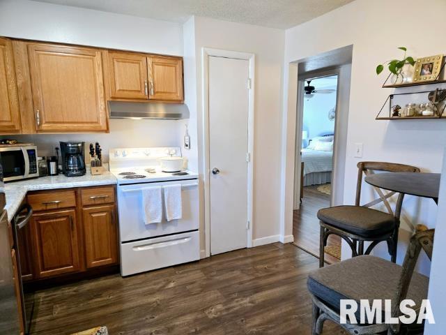 kitchen featuring ceiling fan, appliances with stainless steel finishes, and dark hardwood / wood-style floors