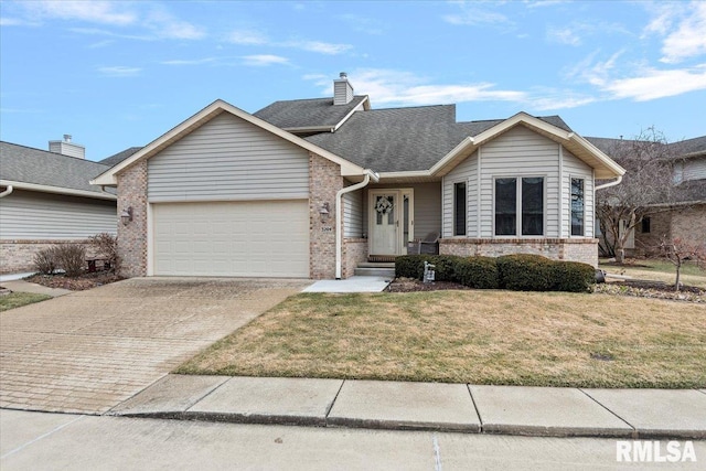 ranch-style house featuring a garage, brick siding, driveway, a chimney, and a front yard