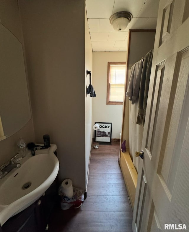 bathroom with wood-type flooring, sink, heating unit, and a shower with curtain